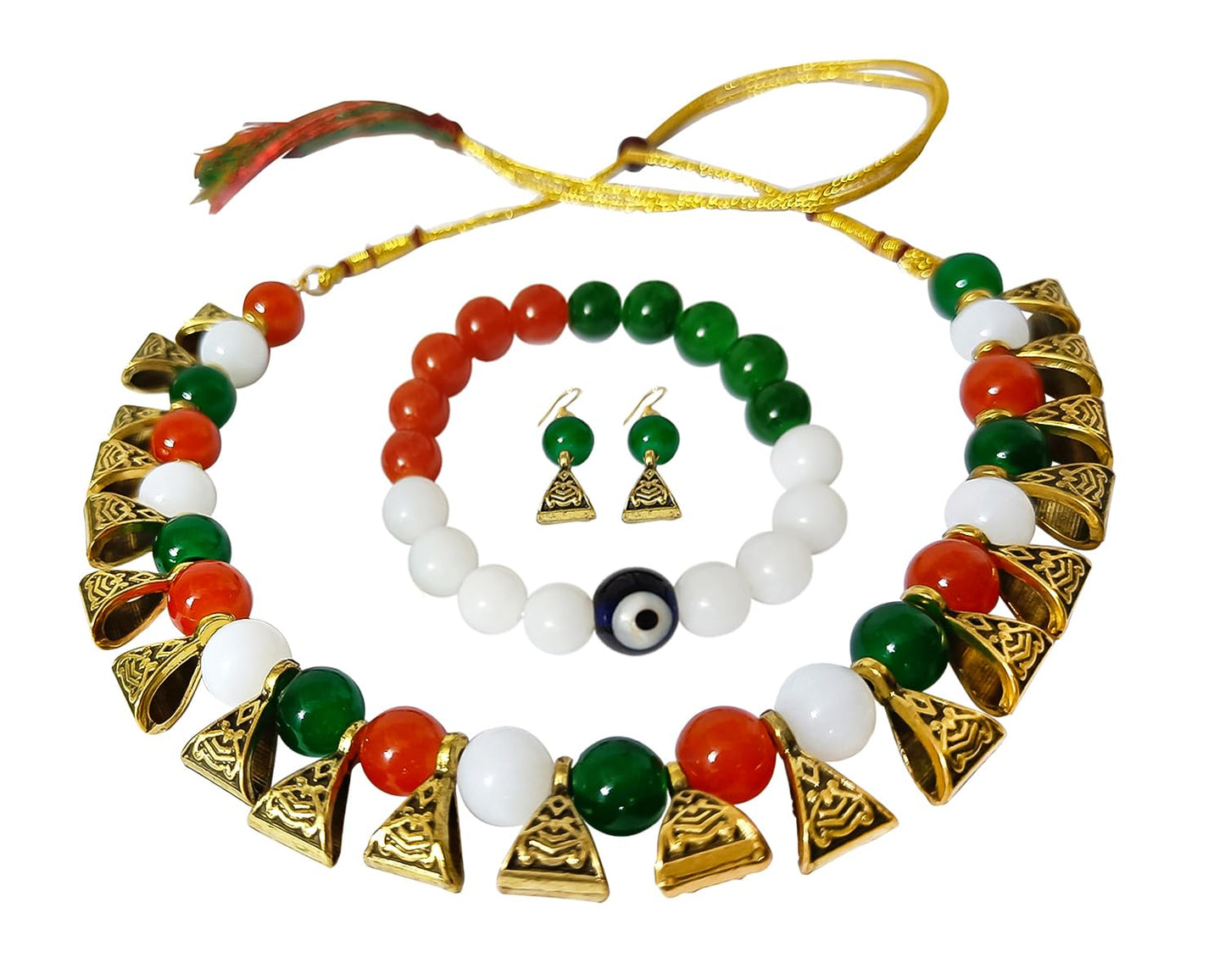 Tri-Colour Necklace & Bracelet Set – Orange, White & Green Festive Combo