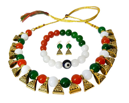 Tri-Colour Necklace & Bracelet Set – Orange, White & Green Festive Combo