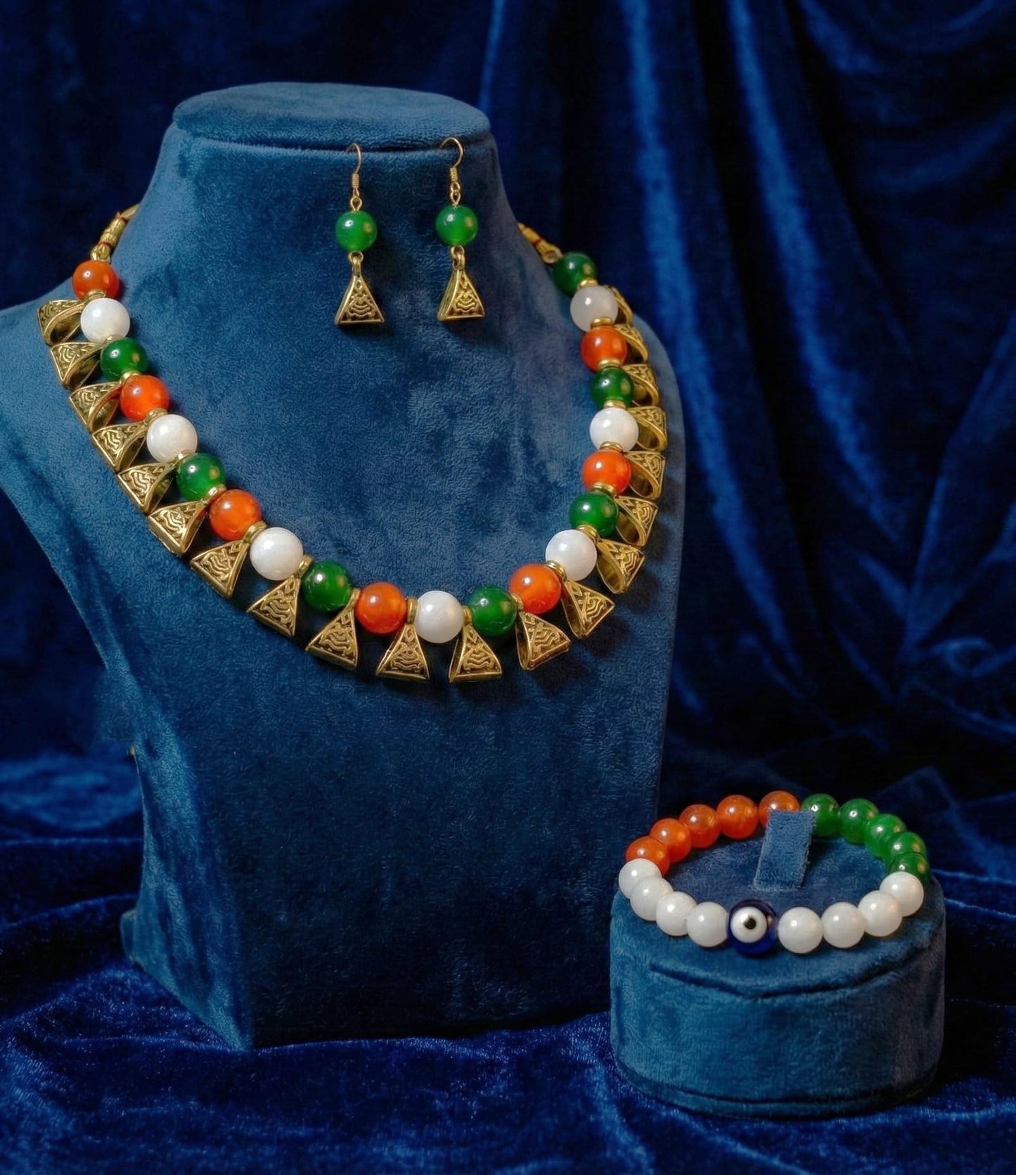 Tri-Colour Necklace & Bracelet Set – Orange, White & Green Festive Combo