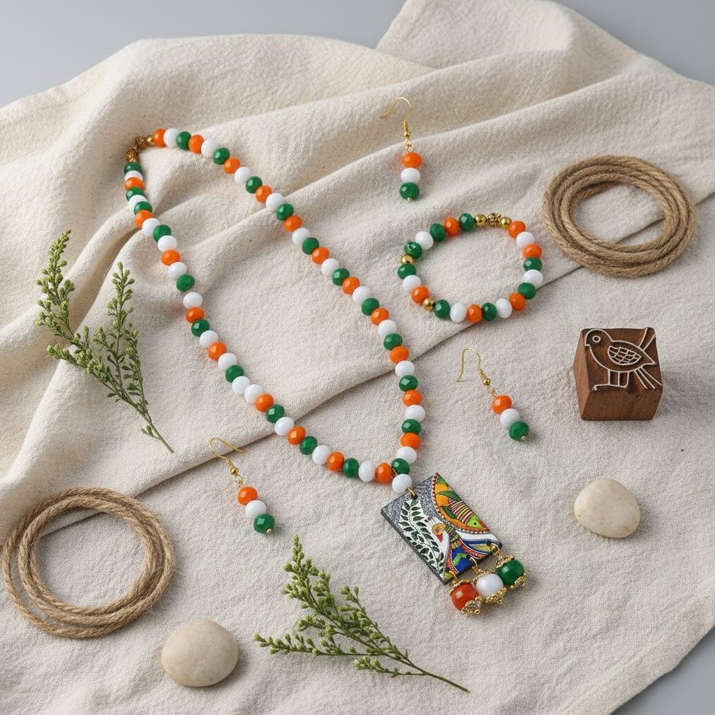 Tri-Colour Peacock Necklace & Bracelet Set – Independence Day Special