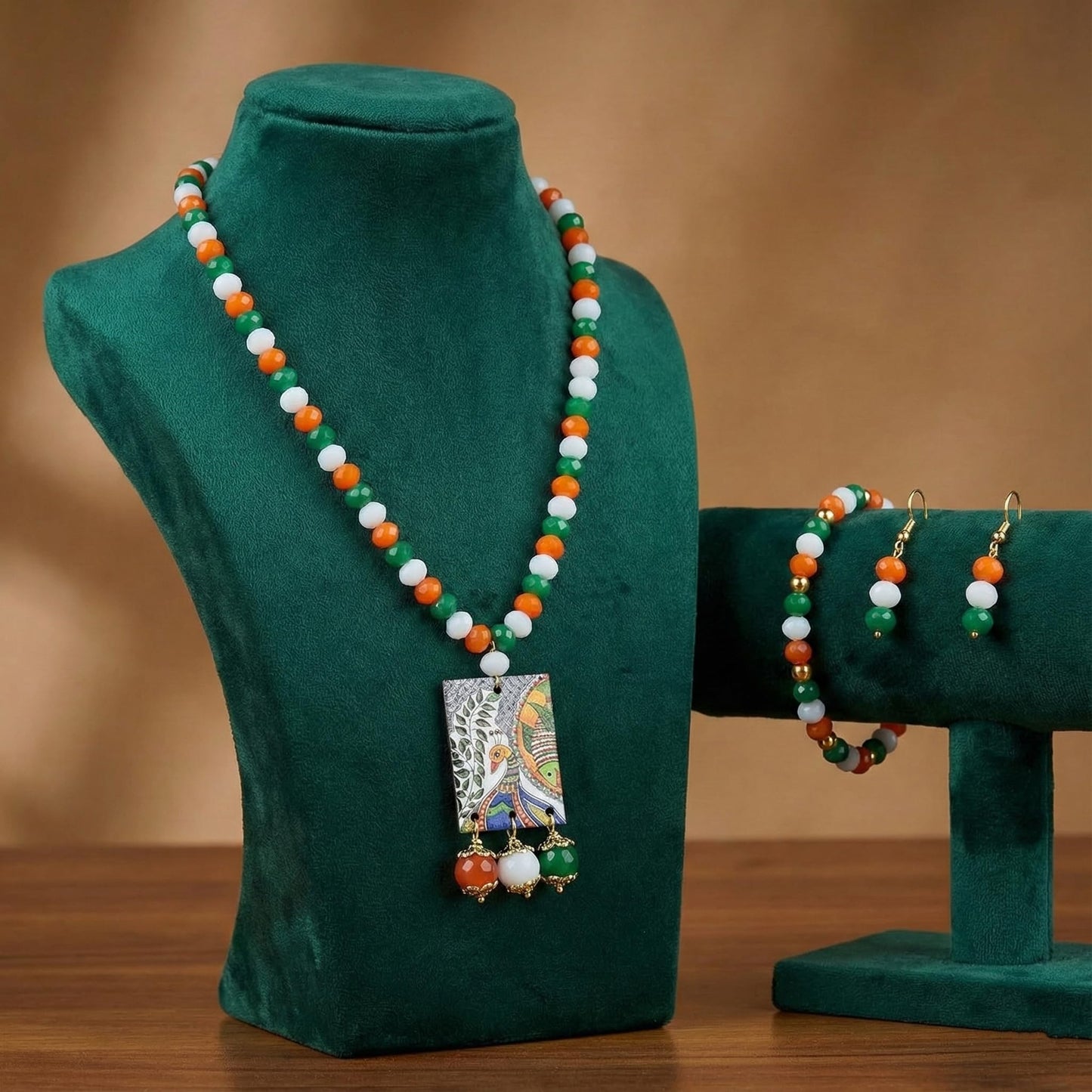 Tri-Colour Peacock Necklace & Bracelet Set – Independence Day Special