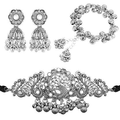 Navratri Oxidised Necklace Set – Jhumka Earrings & Ghungroo Bracelet Combo