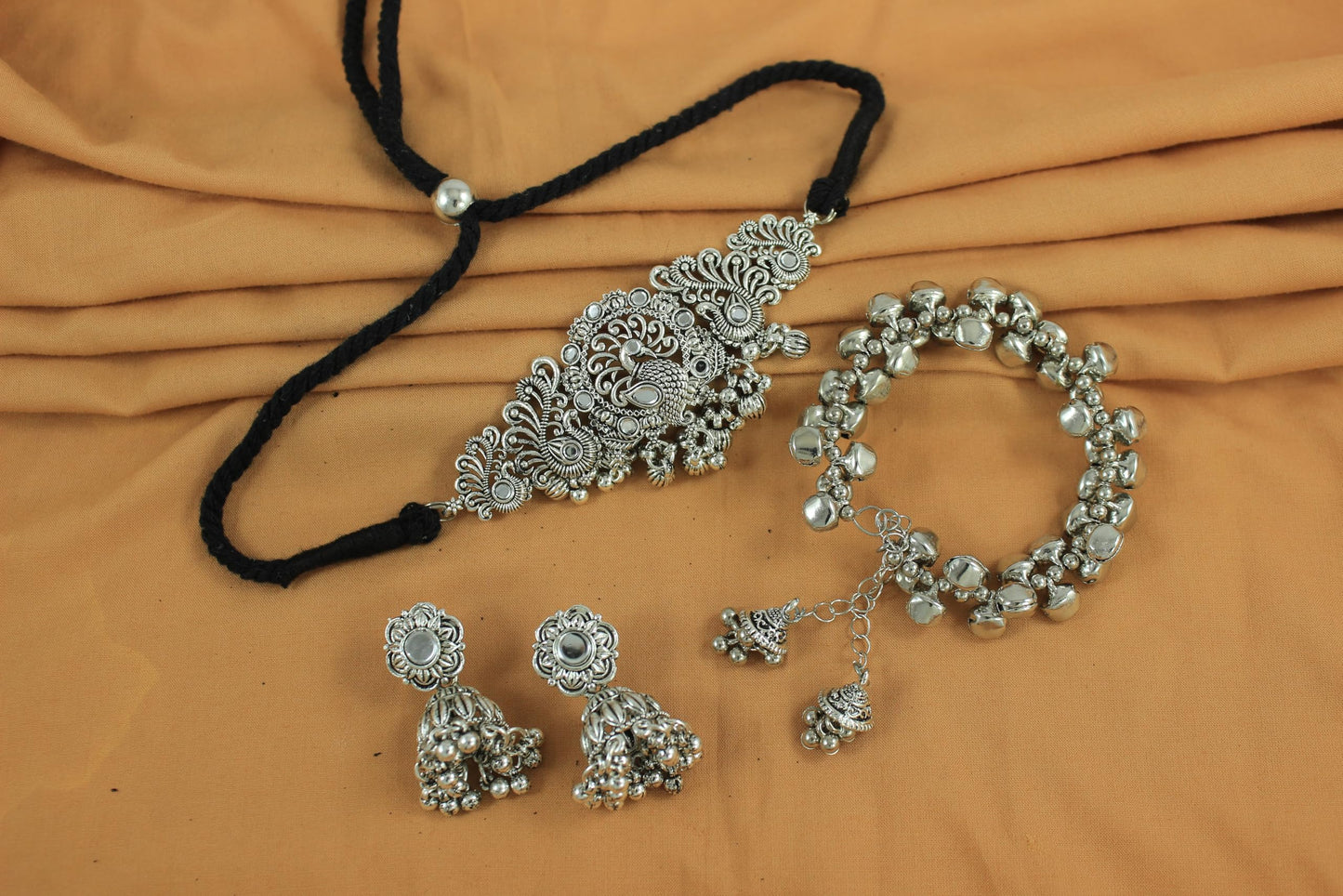 Navratri Oxidised Necklace Set – Jhumka Earrings & Ghungroo Bracelet Combo