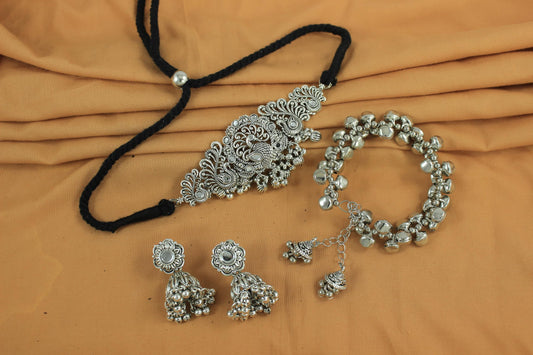 Navratri Oxidised Necklace Set – Jhumka Earrings & Ghungroo Bracelet Combo