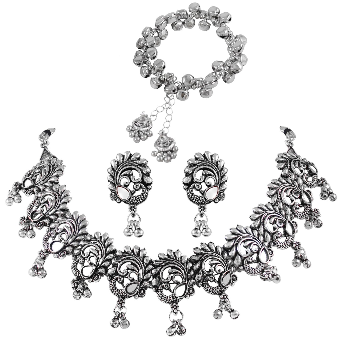 Oxidised Floral & Paisley Choker Set – Necklace, Earrings & Bracelet