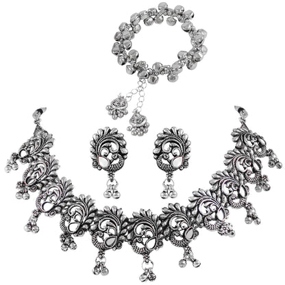Oxidised Floral & Paisley Choker Set – Necklace, Earrings & Bracelet