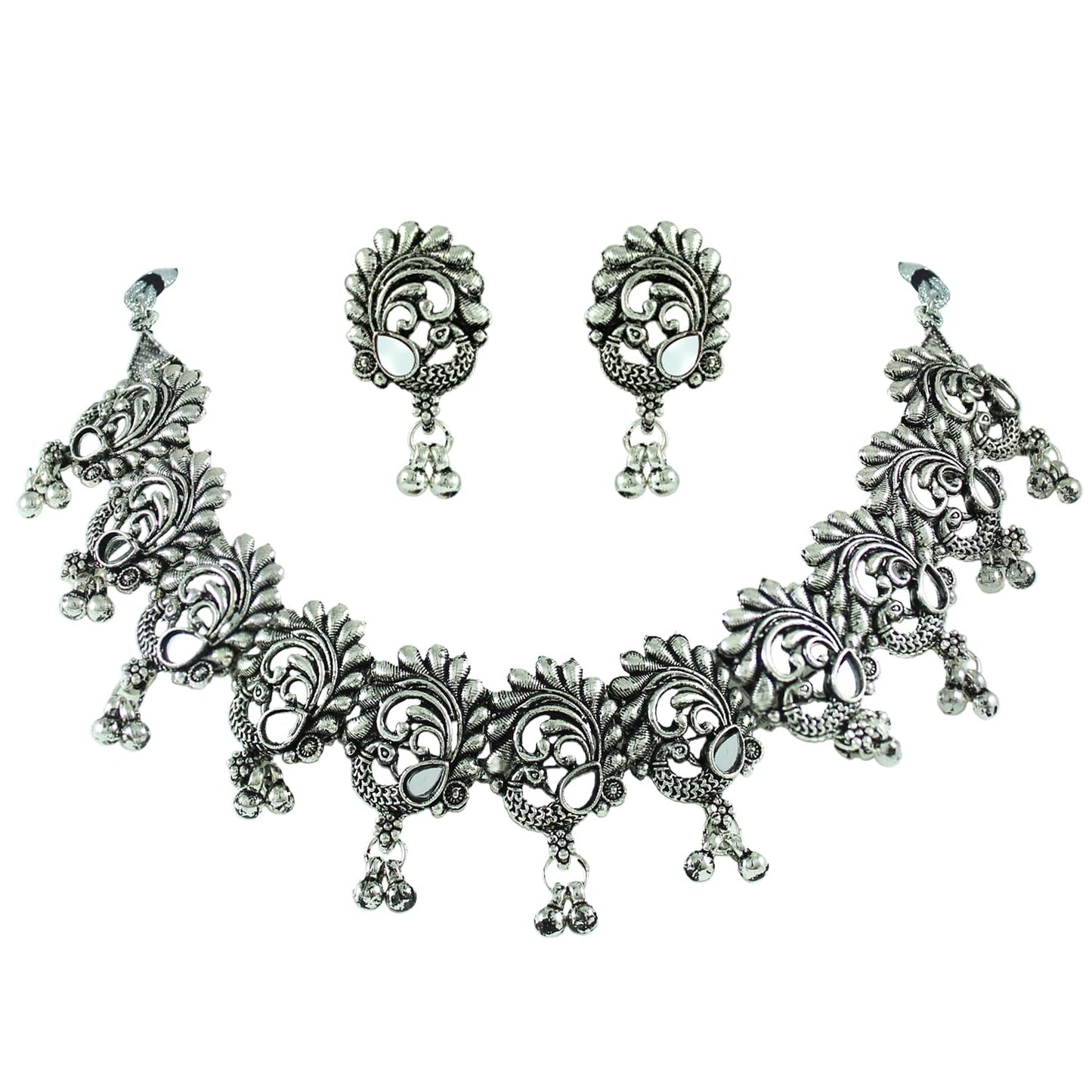 Oxidised Floral & Paisley Choker Set – Necklace, Earrings & Bracelet