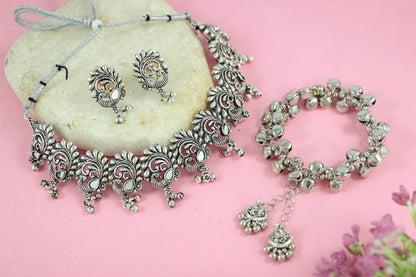 Oxidised Floral & Paisley Choker Set – Necklace, Earrings & Bracelet