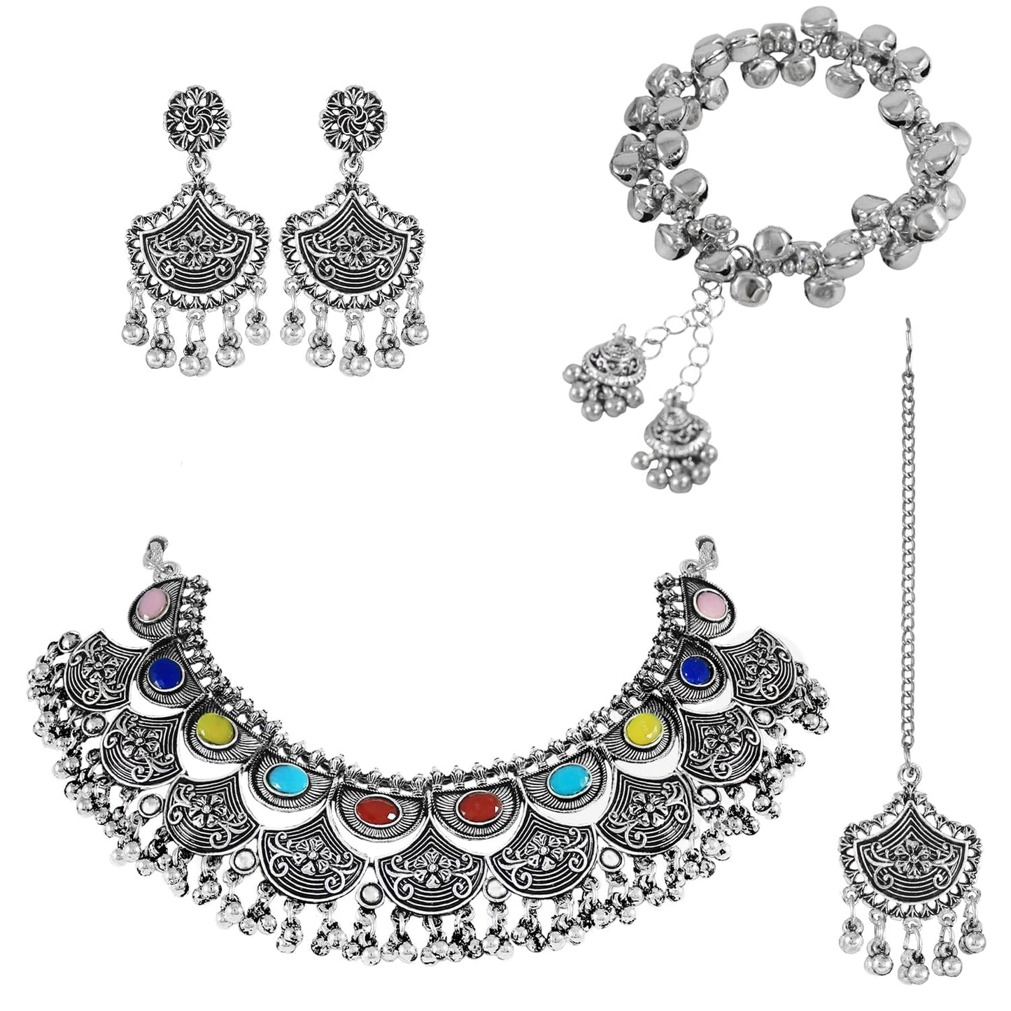 Navratri Oxidised Necklace Set – Multicolor Stone Statement Combo