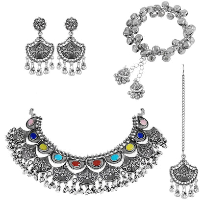 Navratri Oxidised Necklace Set – Multicolor Stone Statement Combo