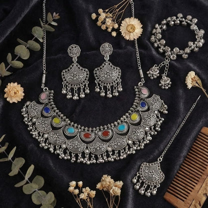 Navratri Oxidised Necklace Set – Multicolor Stone Statement Combo