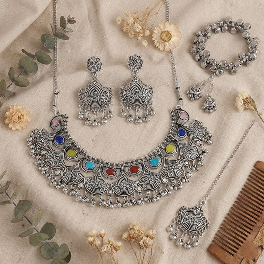 Navratri Oxidised Necklace Set – Multicolor Stone Statement Combo