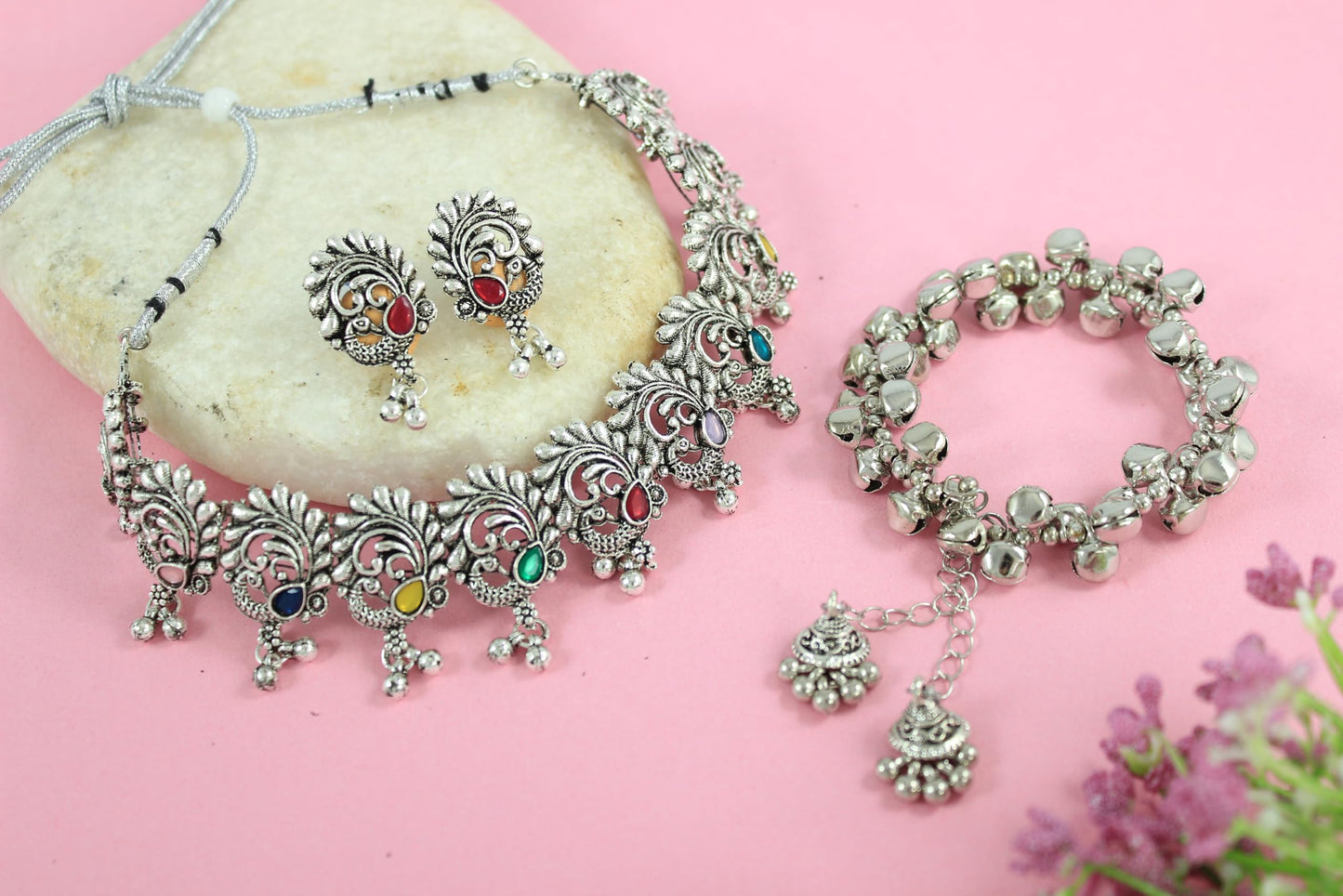 Oxidized Multicolor Stone Peacock Choker Necklace Set With Ghungroo Bracelet (Navratri Special)