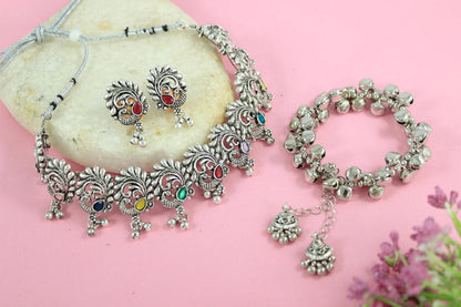 Oxidized Multicolor Stone Peacock Choker Necklace Set With Ghungroo Bracelet (Navratri Special)