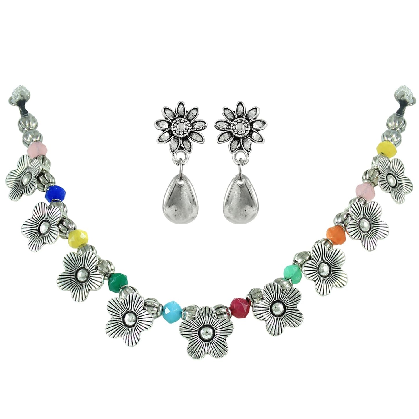 Combo Of Oxidised Silver Plated Floral Necklac Set With Ghungroo Bracelet (Navratri Special)