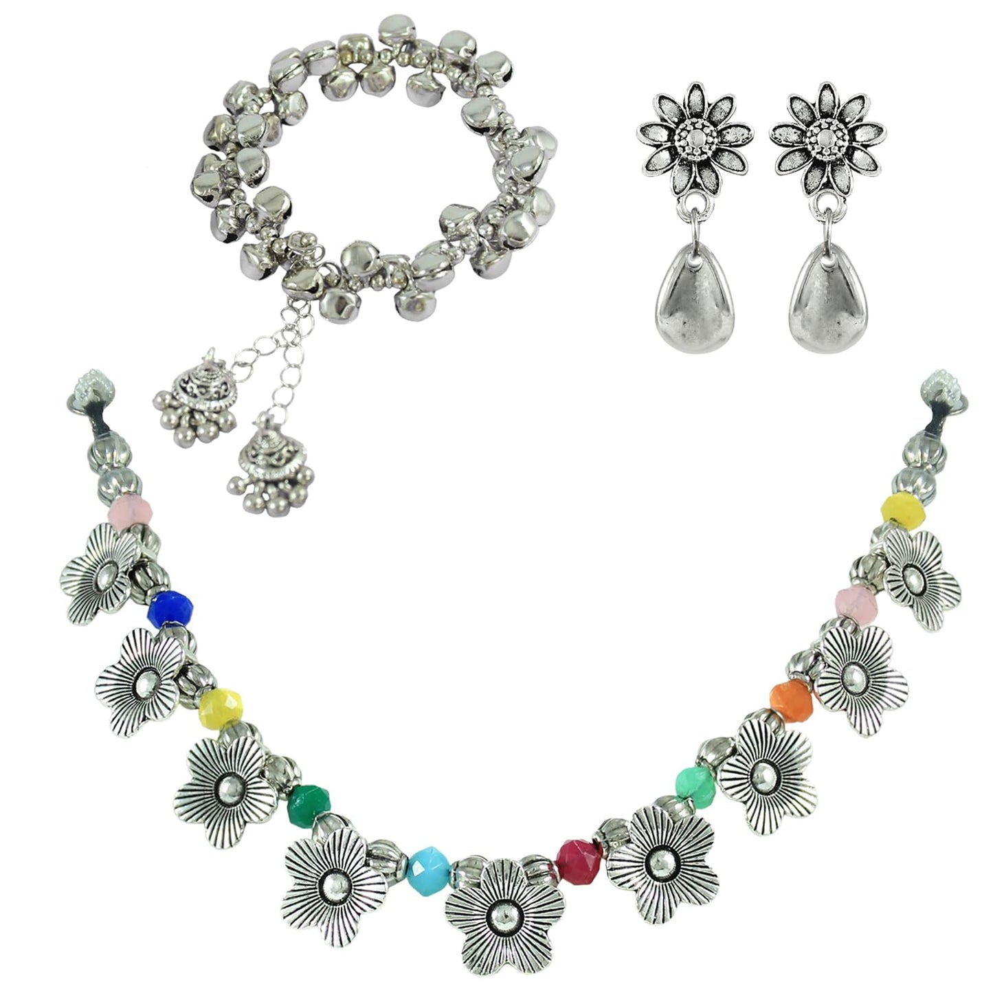 Combo Of Oxidised Silver Plated Floral Necklac Set With Ghungroo Bracelet (Navratri Special)