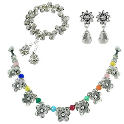 Combo Of Oxidised Silver Plated Floral Necklac Set With Ghungroo Bracelet (Navratri Special)