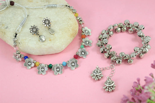 Combo Of Oxidised Silver Plated Floral Necklac Set With Ghungroo Bracelet (Navratri Special)