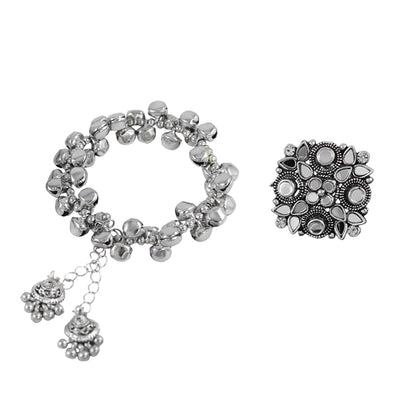 Navratri Peacock Oxidised Set – Necklace, Earrings, Ghungroo Bracelet & Ring