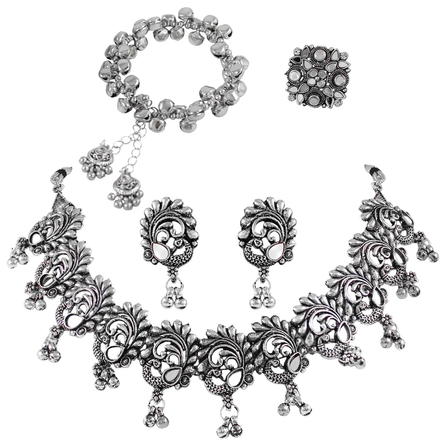 Navratri Peacock Oxidised Set – Necklace, Earrings, Ghungroo Bracelet & Ring