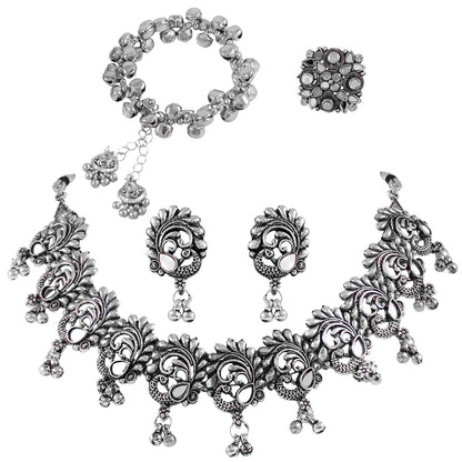 Navratri Peacock Oxidised Set – Necklace, Earrings, Ghungroo Bracelet & Ring