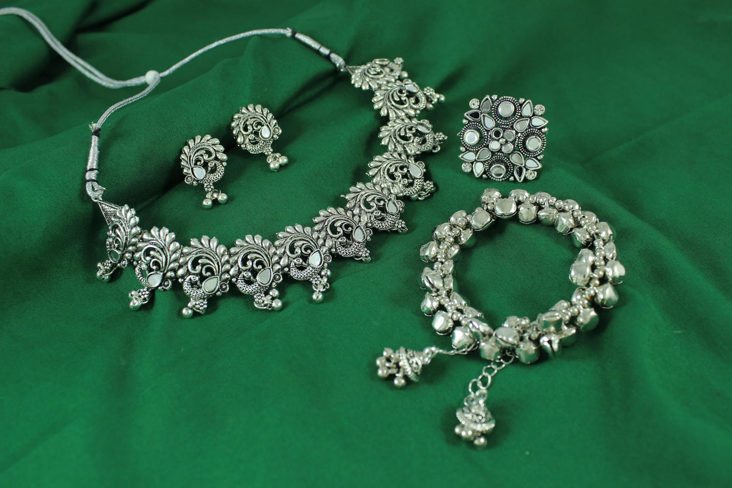 Navratri Peacock Oxidised Set – Necklace, Earrings, Ghungroo Bracelet & Ring