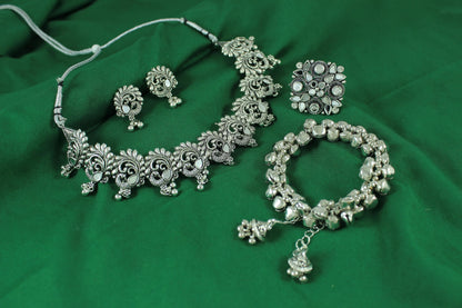 Navratri Peacock Oxidised Set – Necklace, Earrings, Ghungroo Bracelet & Ring