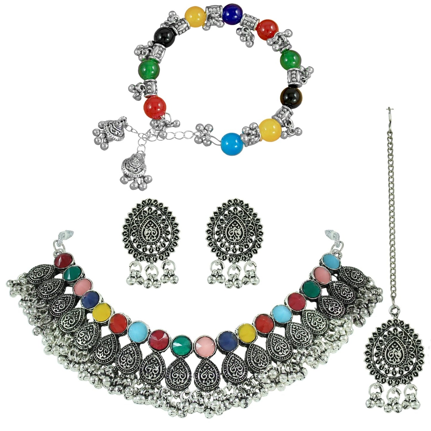 Navratri Oxidised Choker Set – Necklace, Earrings, Maang Tikka & Bracelet