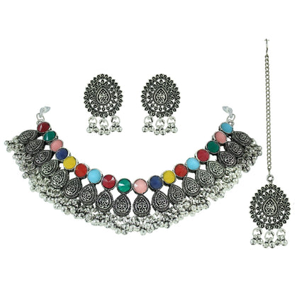 Navratri Oxidised Choker Set – Necklace, Earrings, Maang Tikka & Bracelet