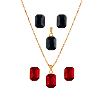 Combo Gold Plated Rectangular Crystal Pendant With Chain And Earrings (Red, Black)- Love