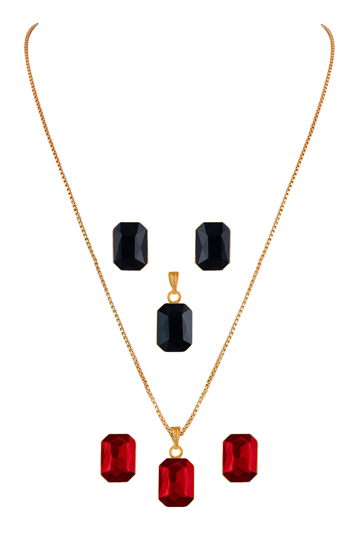 Combo Gold Plated Rectangular Crystal Pendant With Chain And Earrings (Red, Black)- Love