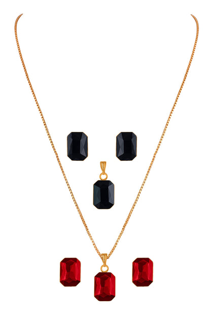 Combo Gold Plated Rectangular Crystal Pendant With Chain And Earrings (Red, Black)- Love