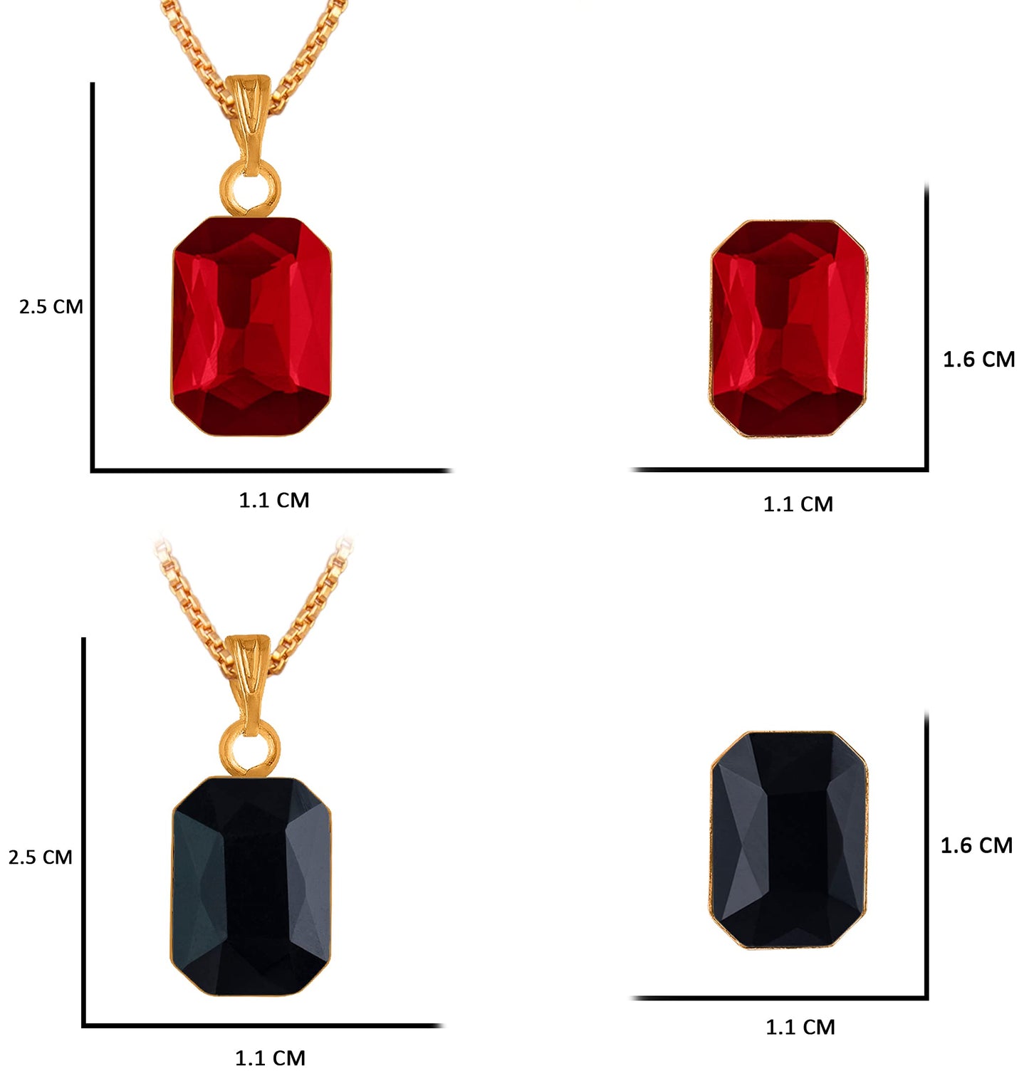 Combo Gold Plated Rectangular Crystal Pendant With Chain And Earrings (Red, Black)- Love