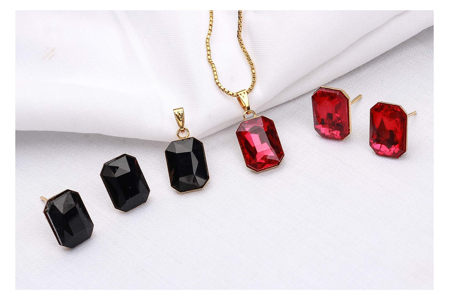 Combo Gold Plated Rectangular Crystal Pendant With Chain And Earrings (Red, Black)- Love