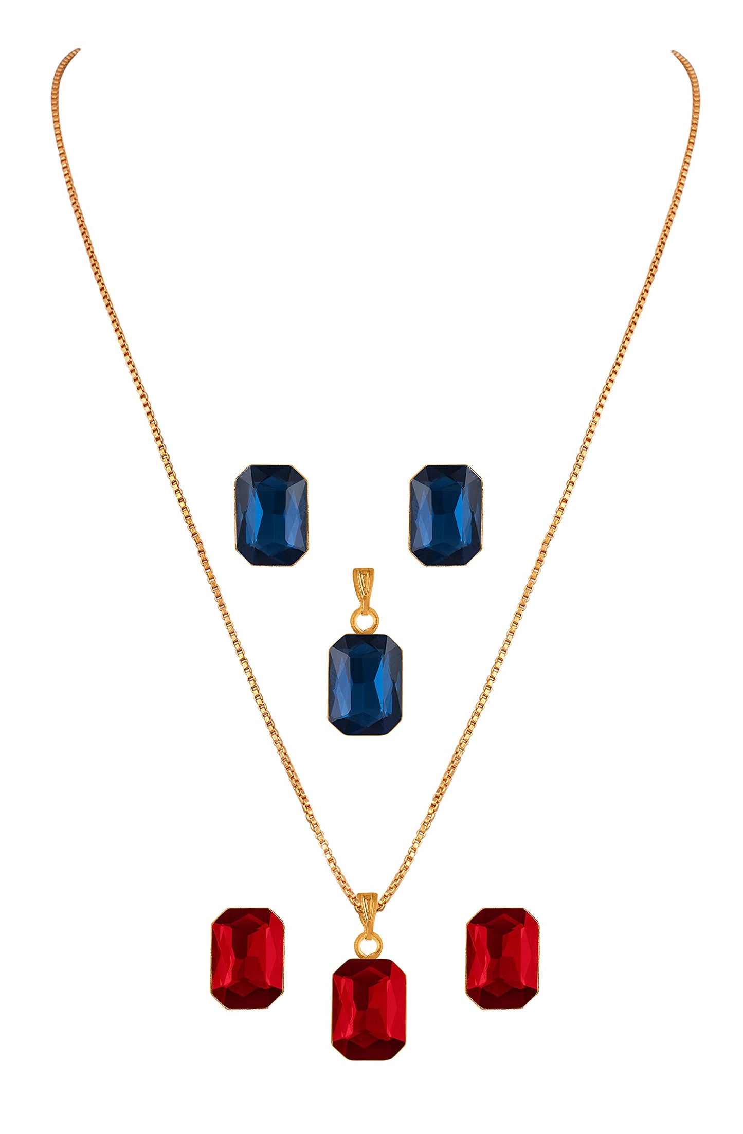 Combo Gold Plated Rectangular Crystal Pendant With Chain And Earrings (Red, Blue)