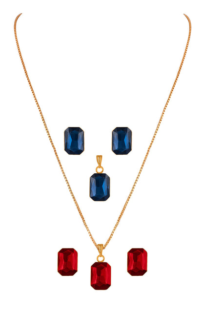 Combo Gold Plated Rectangular Crystal Pendant With Chain And Earrings (Red, Blue)