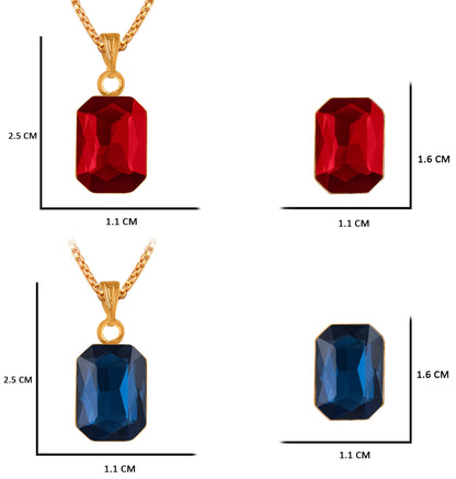 Combo Gold Plated Rectangular Crystal Pendant With Chain And Earrings (Red, Blue)