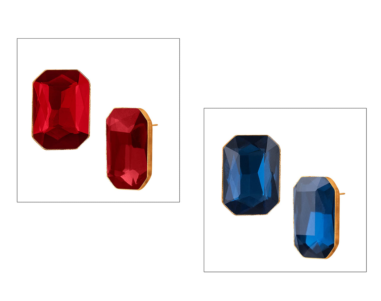 Combo Gold Plated Rectangular Crystal Pendant With Chain And Earrings (Red, Blue)