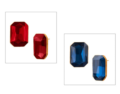 Combo Gold Plated Rectangular Crystal Pendant With Chain And Earrings (Red, Blue)