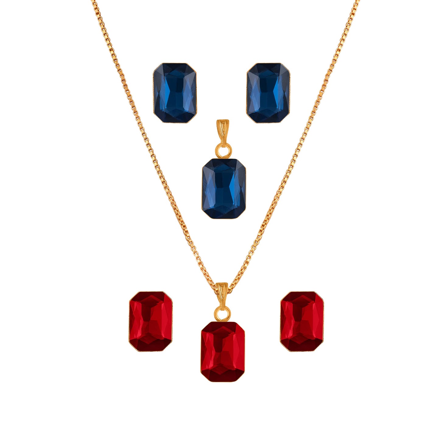 Combo Gold Plated Rectangular Crystal Pendant With Chain And Earrings (Red, Blue)