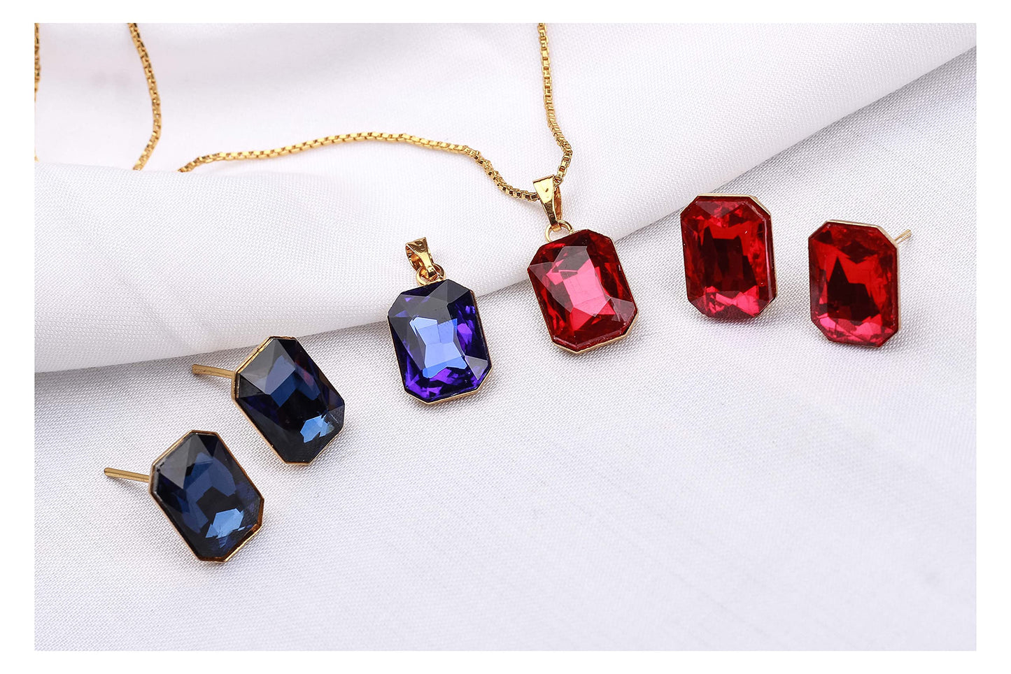 Combo Gold Plated Rectangular Crystal Pendant With Chain And Earrings (Red, Blue)