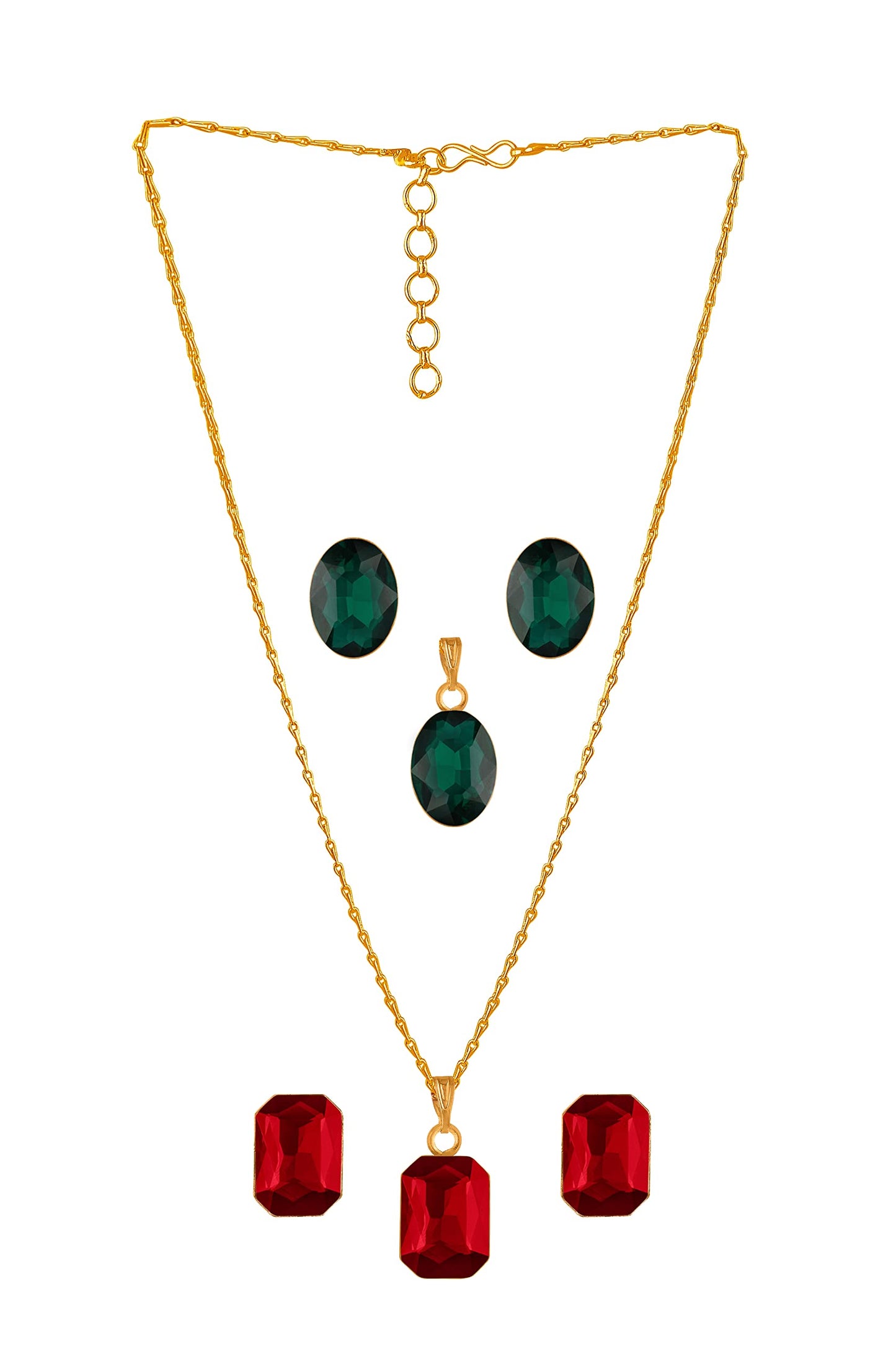 Crystal Pendant & Earring Set – Octagon & Oval Cut (Red & Green)