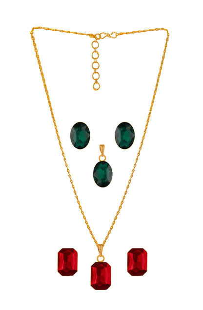 Crystal Pendant & Earring Set – Octagon & Oval Cut (Red & Green)