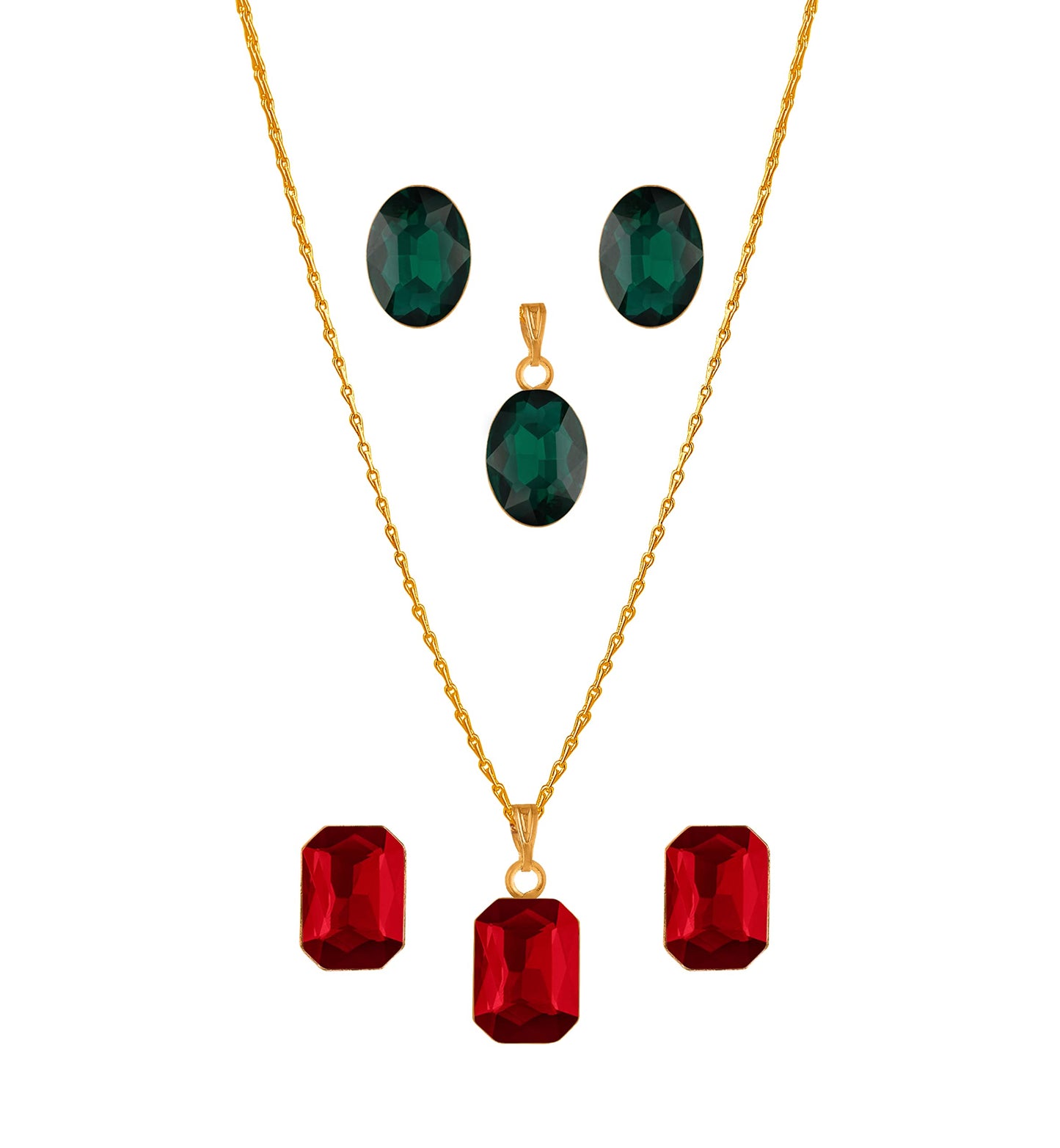 Crystal Pendant & Earring Set – Octagon & Oval Cut (Red & Green)