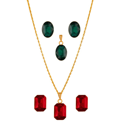 Crystal Pendant & Earring Set – Octagon & Oval Cut (Red & Green)