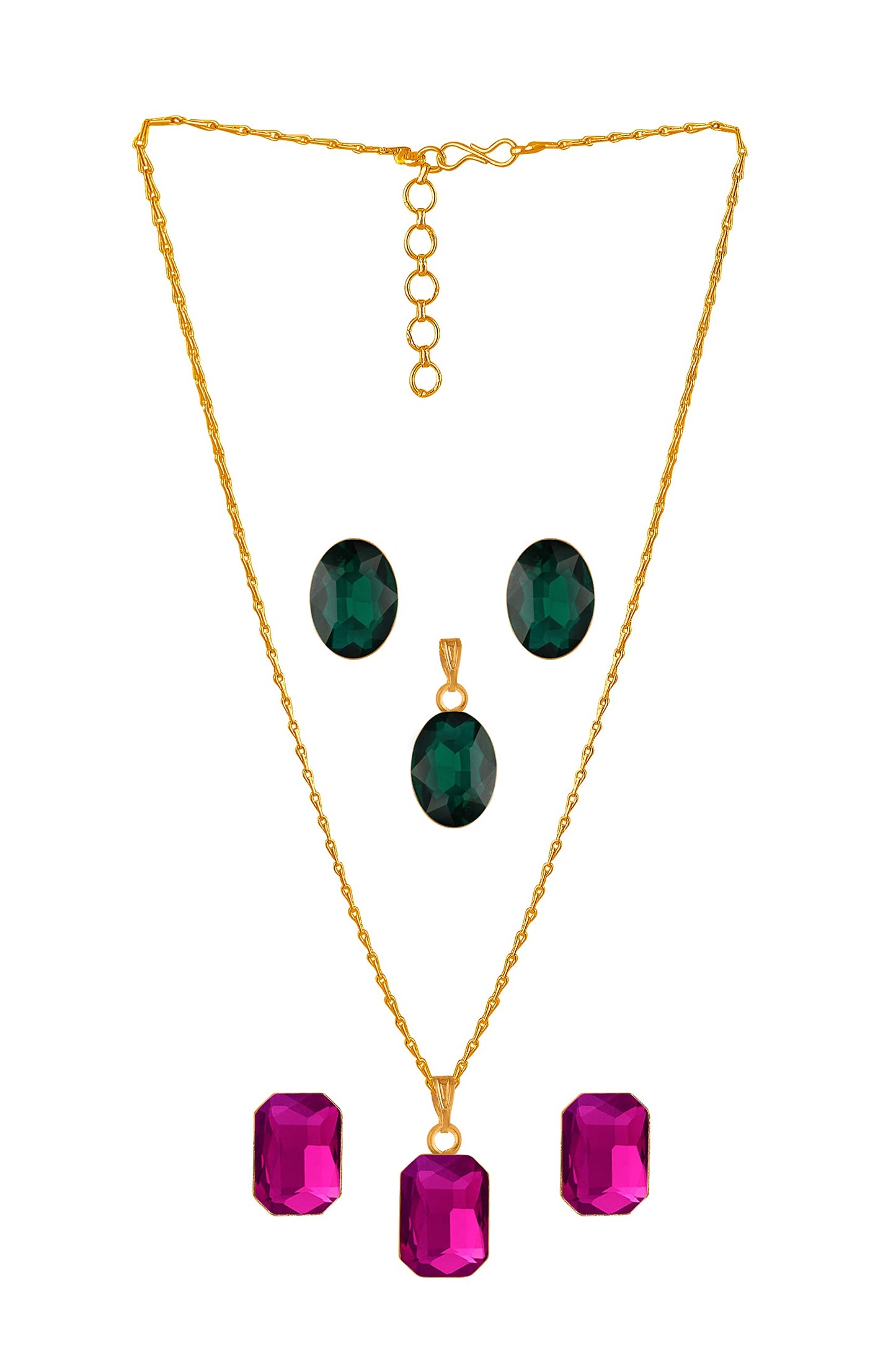 Crystal Pendant & Earring Set – Octagon & Oval Cut (Rani Pink & Green)