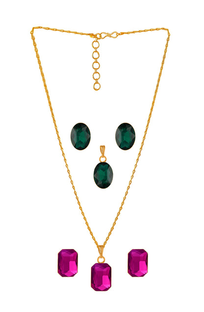 Crystal Pendant & Earring Set – Octagon & Oval Cut (Rani Pink & Green)