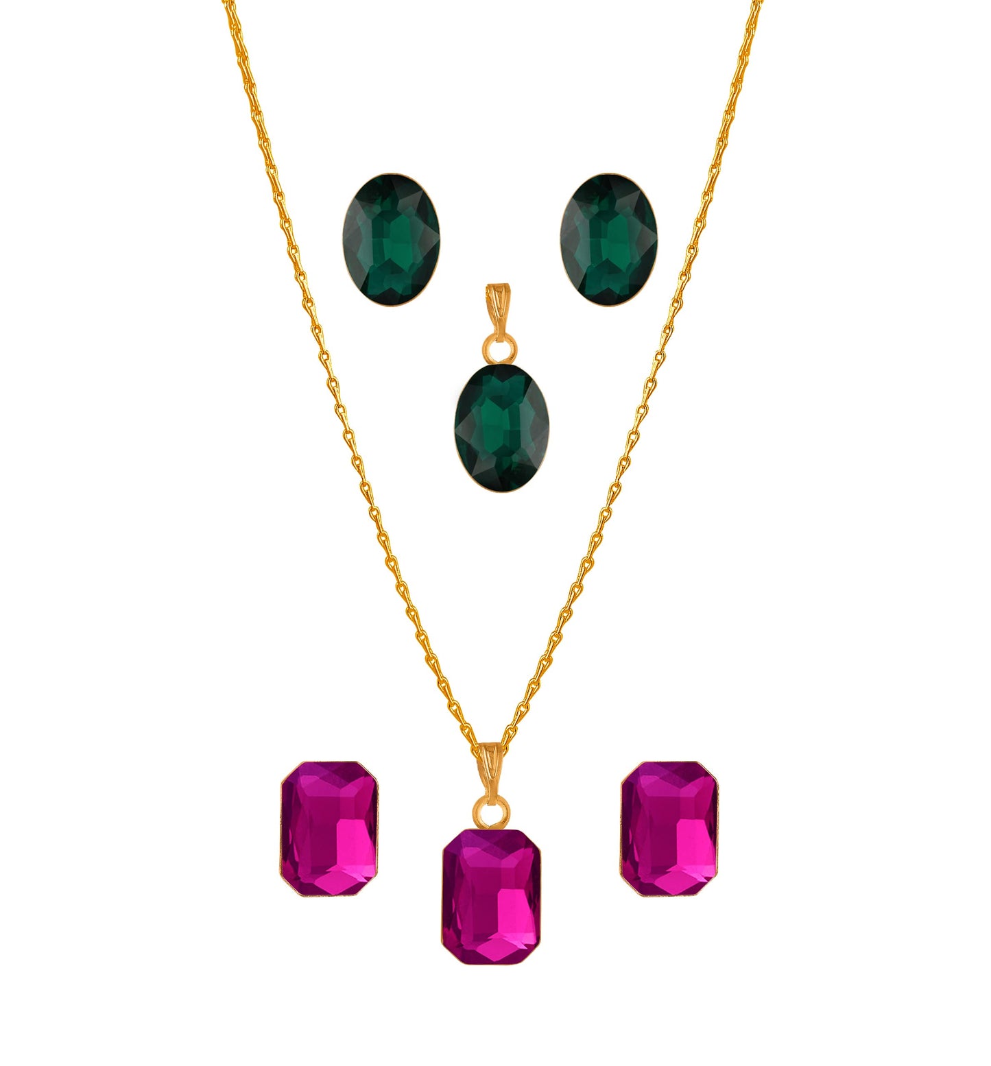 Crystal Pendant & Earring Set – Octagon & Oval Cut (Rani Pink & Green)