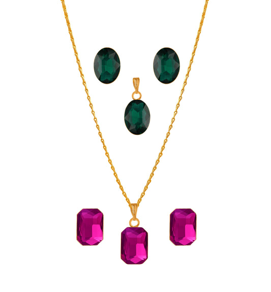 Crystal Pendant & Earring Set – Octagon & Oval Cut (Rani Pink & Green)