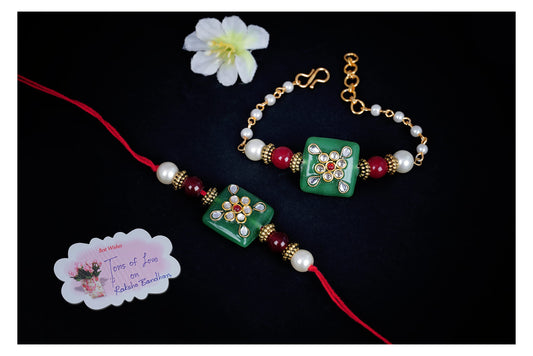 Handmade Kundan Rakhi Set for Bhaiya Bhabhi – Green Stone Couple Combo